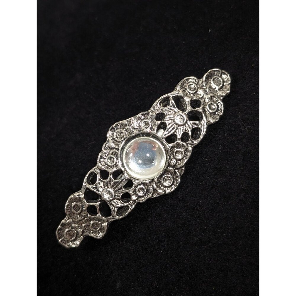 Vintage Victorian Style Floral Bar Brooch Clear Glass Cabochon Pin‎ Silver Tone
